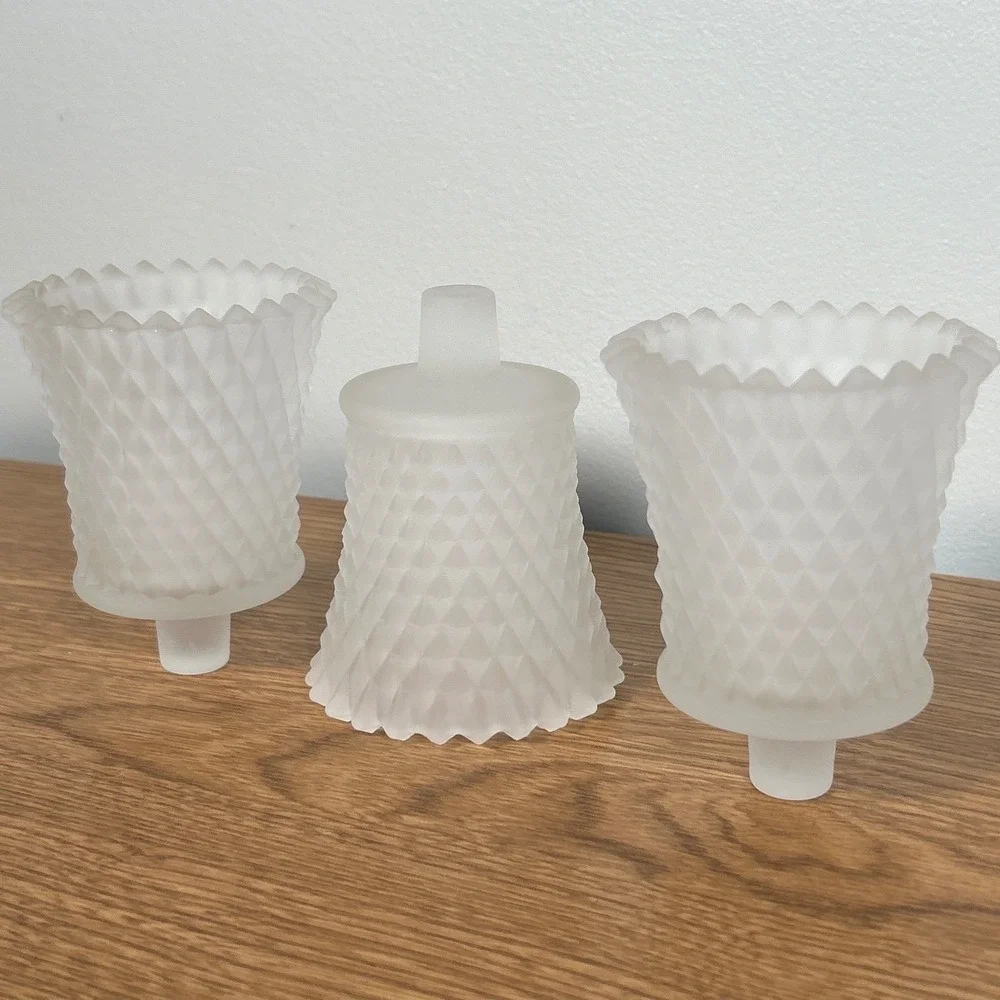 Home Interiors Frosted White Satin Glass Diamond Point Votive Peg Holder 5pc Vtg